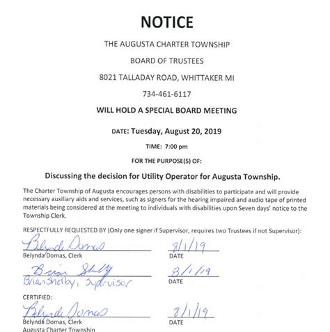 Special Meeting Notice Augusta Township