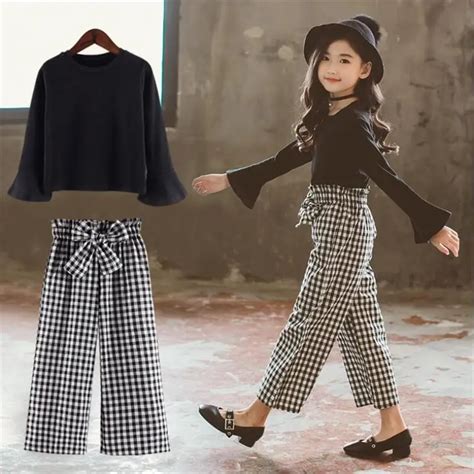 New Fashion Clothing Sets For Girls Black Tops Grid Style Wide Legged