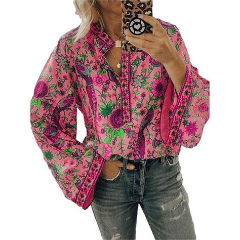 Women Casual Long Sleeve Floral Print V Neck Shirts In