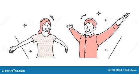 Vector Illustration Of Young Man And Woman Spreading Their Arms Stock