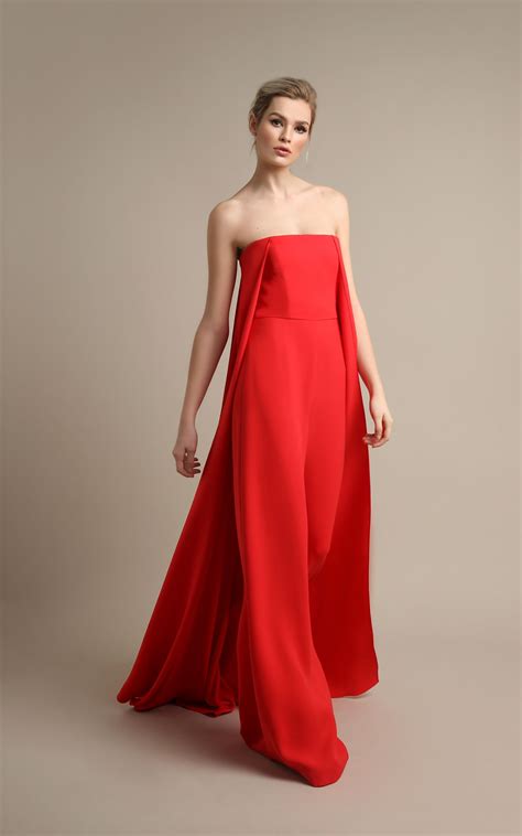 Vivid Red Crêpe Cady Strapless Jumpsuit With Cape Strapless Jumpsuit