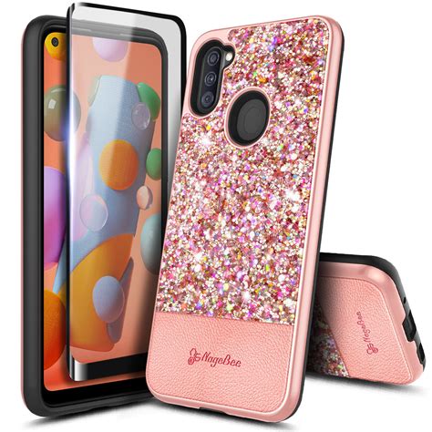For Samsung Galaxy A11 Case Glitter Bling Phone Cover Tempered Glass