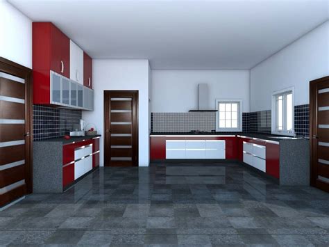 Contemporary U Shaped Modular Kitchen Design With Red And White