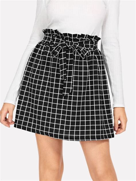 Shein Frill Belted Waist Grid Skirt Womens Fashion Skirt Skirt