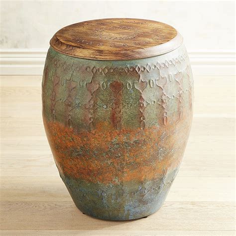 Antiqued Copper Drum Accent Table Painting Wooden Furniture Drum
