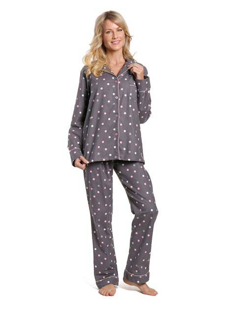 Womens 100 Cotton Flannel Pajama Sleepwear Set Polka Medley Gray P