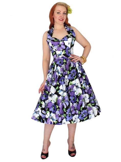 1950s Halterneck Floral Black Purple Dress From Vivien Of Holloway