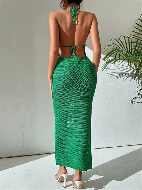Crochet Backless Halter Neck Bodycon Dress Shein Em 2023 Vestidos De Mulher Moda De Tricô