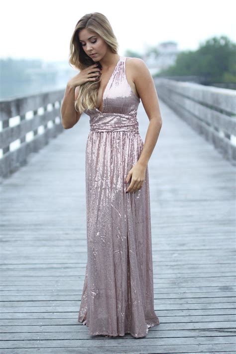 Rose Gold Sequined Maxi Dress With Criss Cross Back Maxi Dress