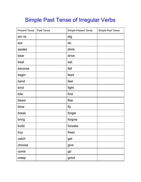 Simple Past Tense Of Irregular Verbs Worksheet