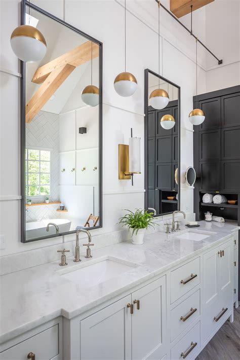Bathroom hardware set, tomic matte black towel bar, thickened sus304 stainless steel black bathroom accessories set include 16'' bathroom towel rack, toilet paper holder and 2 robe hooks, 4pcs. Modern Farmhouse Style Bathroom Design with White Double ...