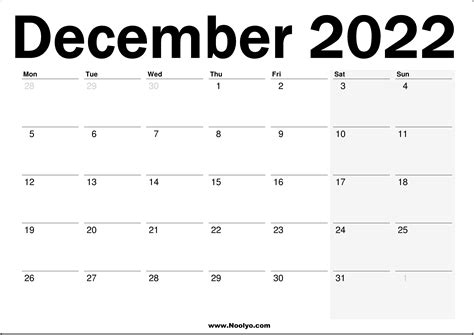 2022 Uk December Calendar Printable