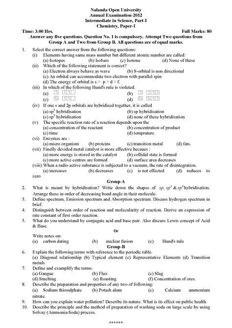 Nalanda Open University I Sc Chemistry Part I Paper I 2012 Question