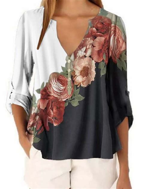 Lallc Womens Floral Plus Size Chiffon Shirt Color Block Tops Long