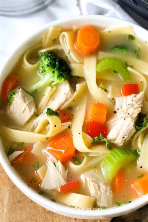 Add 1/2 lb pasta and sliced carrots to the pot and cook 15 min at a low boil. Easy Chicken Noodle Soup is filled with fresh vegetables ...