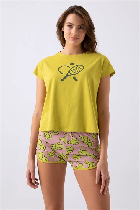 Kadın Minik Kol Detaylı Şortlu Pijama Takımı 750088 Yeşil