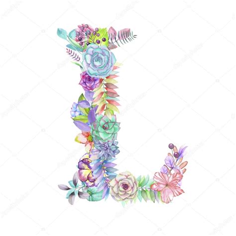Capital Letter L Of Watercolor Flowers Isolated Hand Drawn On A White