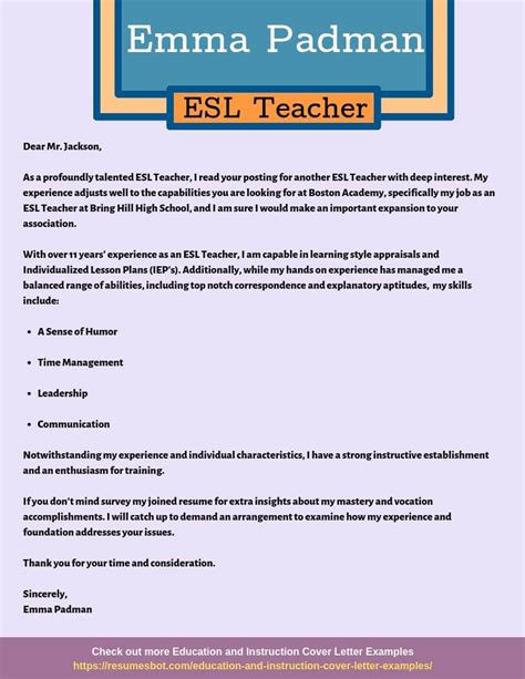 Esl Teacher Cover Letter Samples And Templates Pdfword