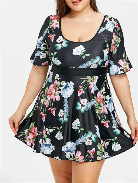 50 Off Plus Size Bell Sleeve Floral Print Swimsuit Rosegal