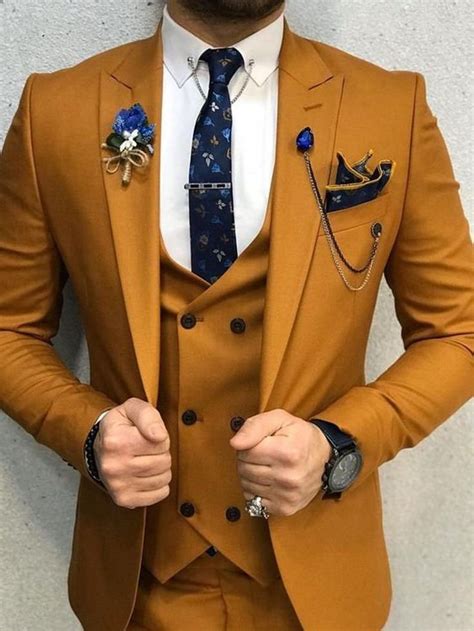 men s mustard yellow 3 piece prom suit slim fit wedding wear one button suit in 2021 fashion