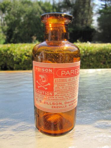Antique PAREGORIC Opium Label On Vintage Amber Bottle Poison Cross
