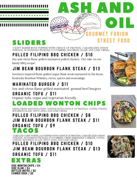 Our fried menu items are cooked in a vegetable oil blend with citric acid added as a processing aid. Menu - Ash and Oil: Mobile Eats