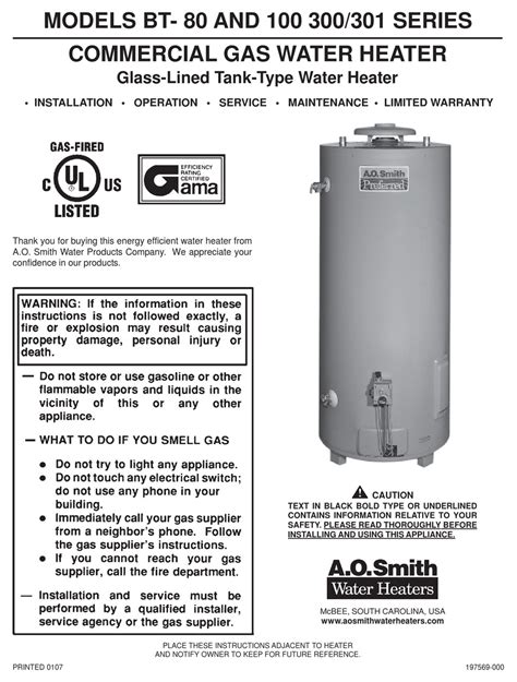 Ao Smith Bt 80 Installation And Operating Instructions Manual Pdf
