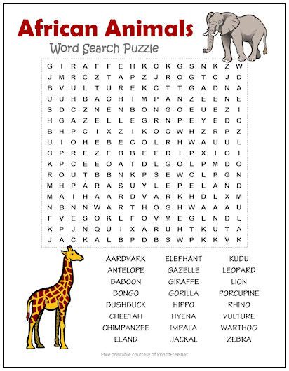 African Animals Word Search Puzzle African Animals African Words