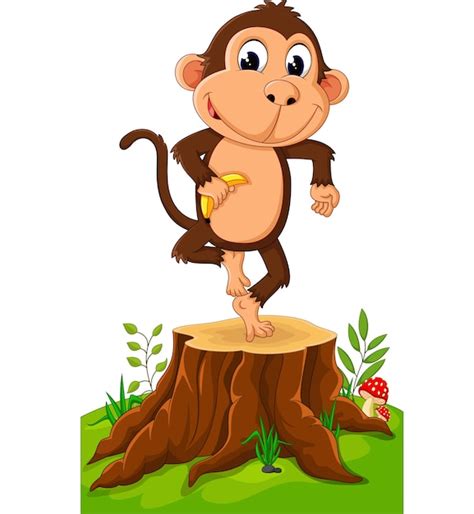 Premium Vector Cartoon Funny Monkey Holding Banana On Tree Stump