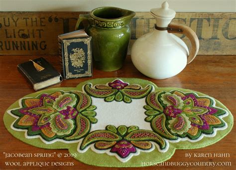 Wool Applique Pattern Kit For Table Runner Jacobean Spring Hand Dyed