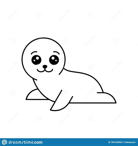 Cute White Baby Seal In Kawaii Style Little Smiling Harp Seal Stock