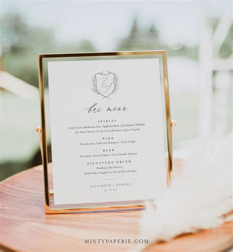 Wedding Bar Menu Template Printable Monogram Drinks Sign Alcohol