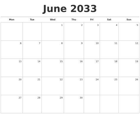 June 2033 Blank Monthly Calendar