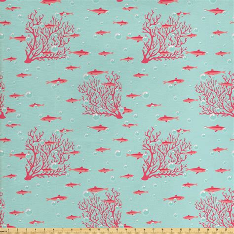 Coral Fabric By The Yard Aquatic Pattern With Little Fishes And Coral