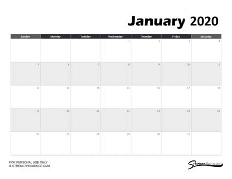 4 Free Printable January 2020 Calendar Pdf Download Strength Essence