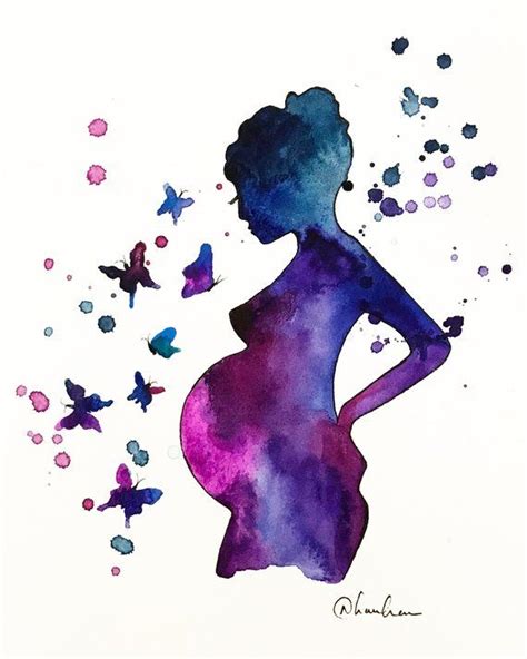 A Watercolor Painting Of A Pregnant Woman Surrounded By Butterflies