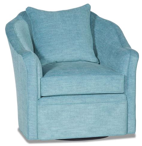 The chaise style seat gives a continuous reclining surface for excellent swivel rocker support. Sky blue barrel style swivel chair