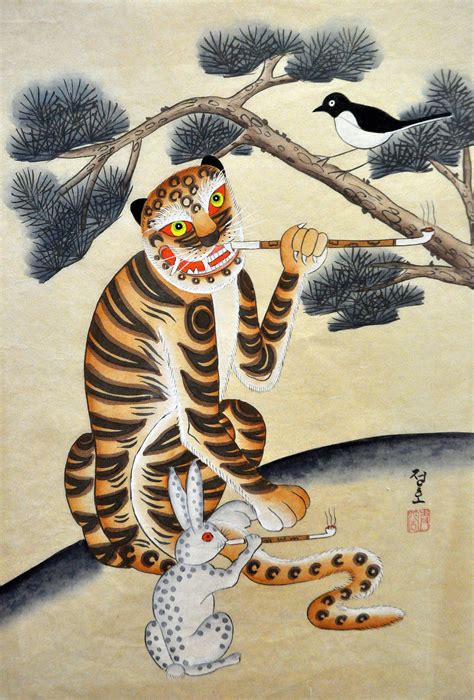 Korea Art Tiger Painting Waterpainting Traditional Folk Style Etsy