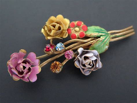 Vintage Austrian Flower Brooch Floral Bouquet Antique Pin Crystals