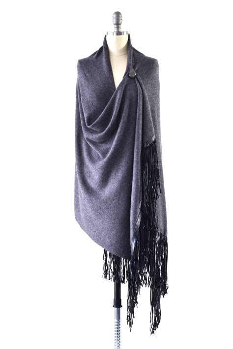 Cashmere Shawl With Double Leather Fringe In Charcoal Aspentrue