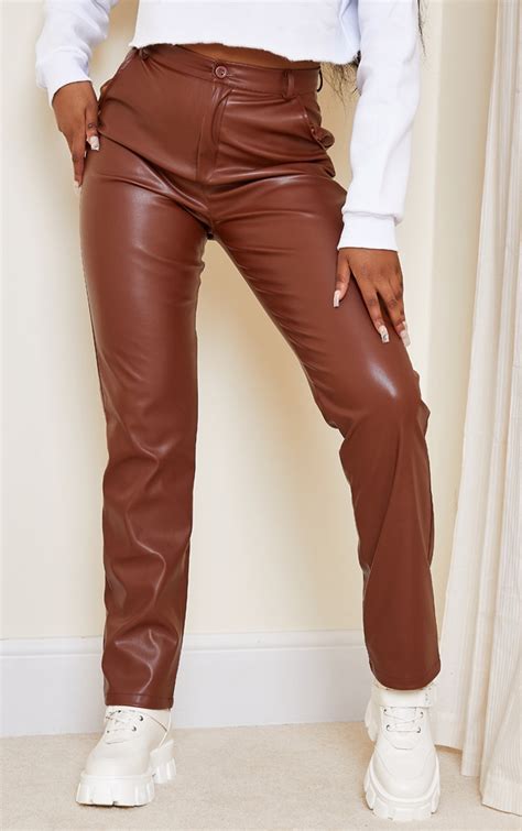 Chocolate Faux Leather Straight Leg Trousers Prettylittlething Ksa