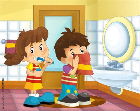 Cartoon Kids In The Bathroom Boy And Girl Wiping Face With A Towel