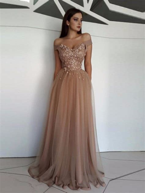 Champagne A Line Off Shoulder Tulle Lace Long Prom Dresses Off Should Shiny Party