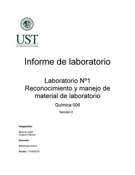 Informe De Laboratorio N°1 Quimica Informe De Laboratorio Laboratorio