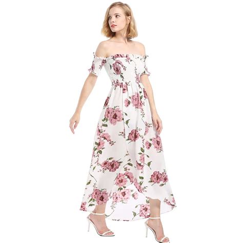 Boho Style Long Dress Women Off Shoulder Beach Summer Dresses Floral Print Vintage Chiffon White