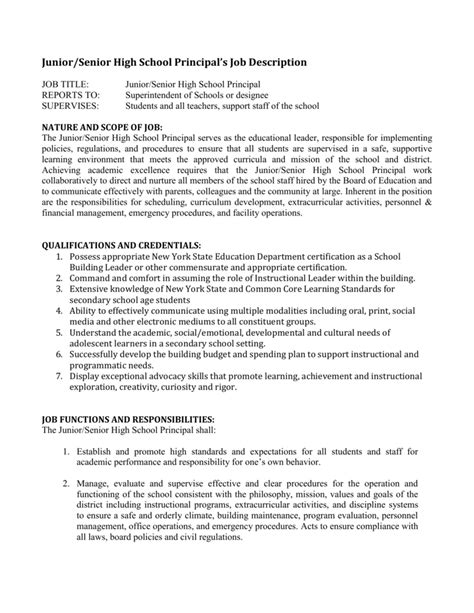 Juniorsenior High School Principal S Job Description