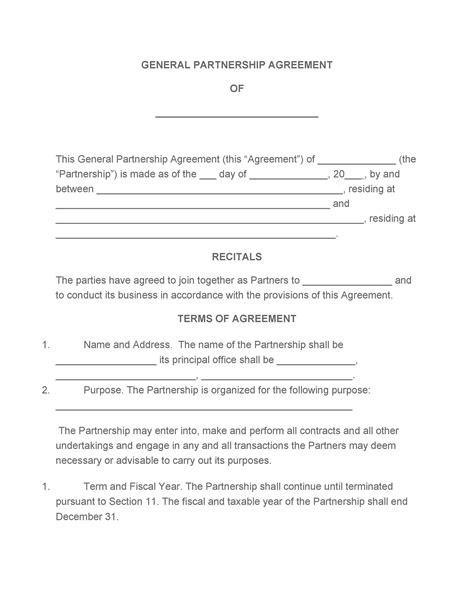 Free Partnership Agreement Templates Business General