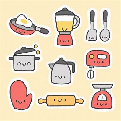 Cartoon Kitchen Tools Hand Sticker Vector Drawn