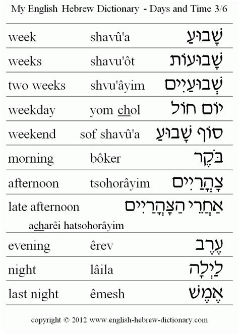 English To Hebrew Days And Time Vocabulary Week Weeks Two Weeks