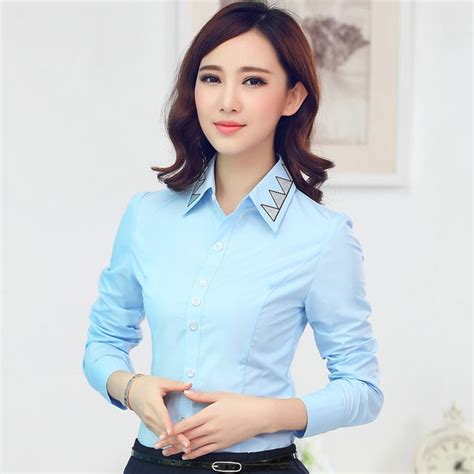 Spring Autumn Fashion Women Blouses And Shirts Light Blue Slim Formal Ladies Office Uniform Shirts